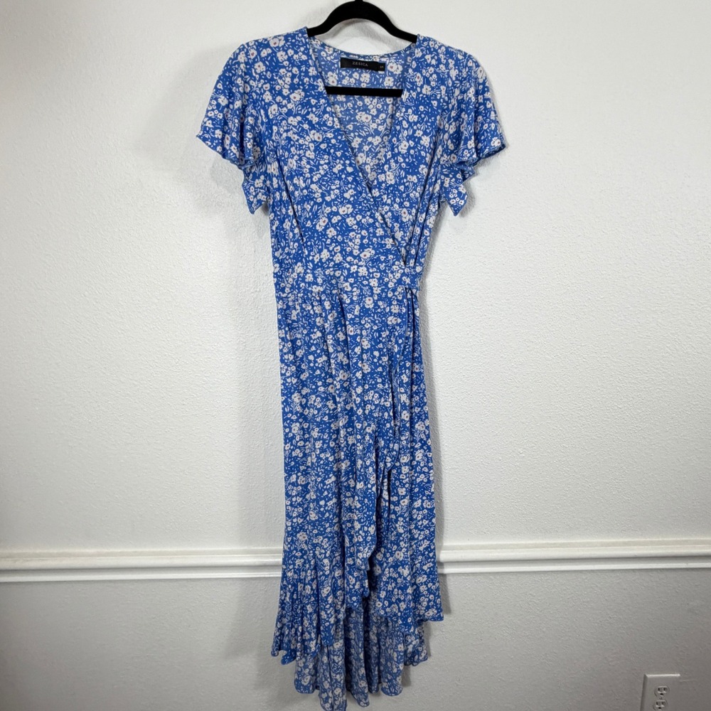 Zesica Wrap Dress Women S Blue Floral Ruffle Hem Flutter Sleeve Cottagecore Midi